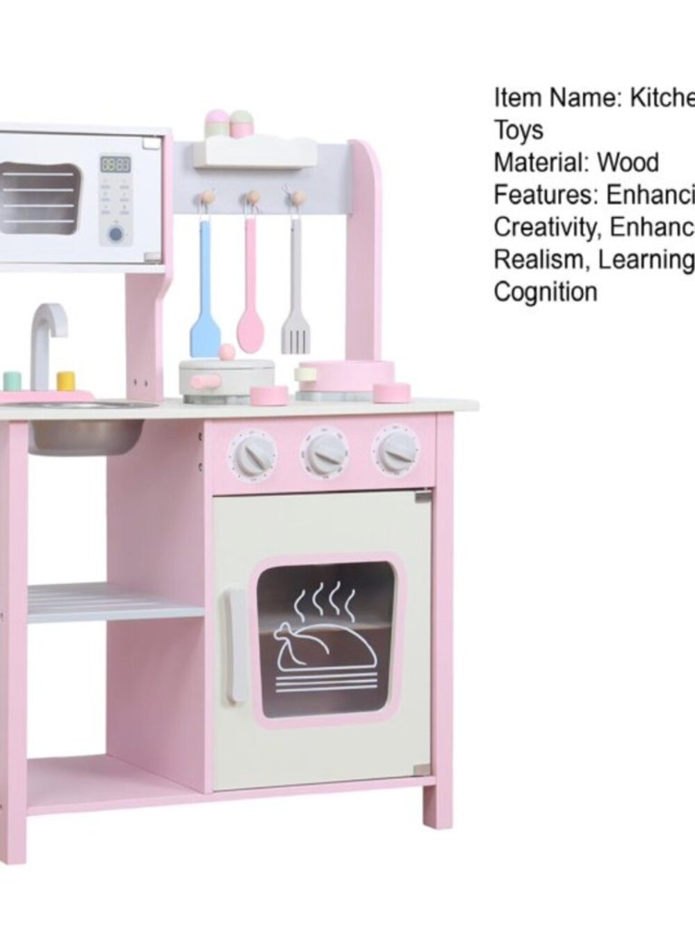 Kids Wooden Play Kitchen Set, Pink Pretend Cooking Toy with Accessories - Picture 12 of 16